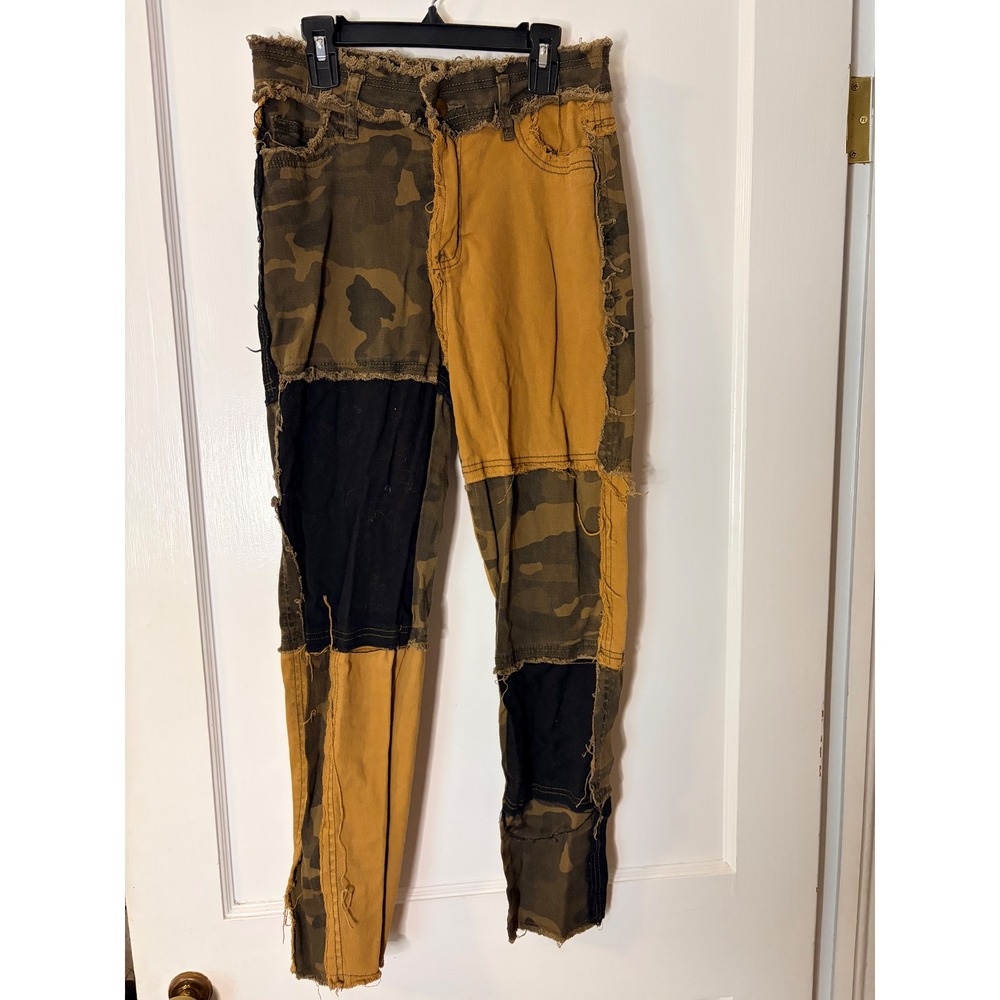 American Bazi Camo Patchwork Frayed Skinny Pants Mustard Black RJH-3005 Size M